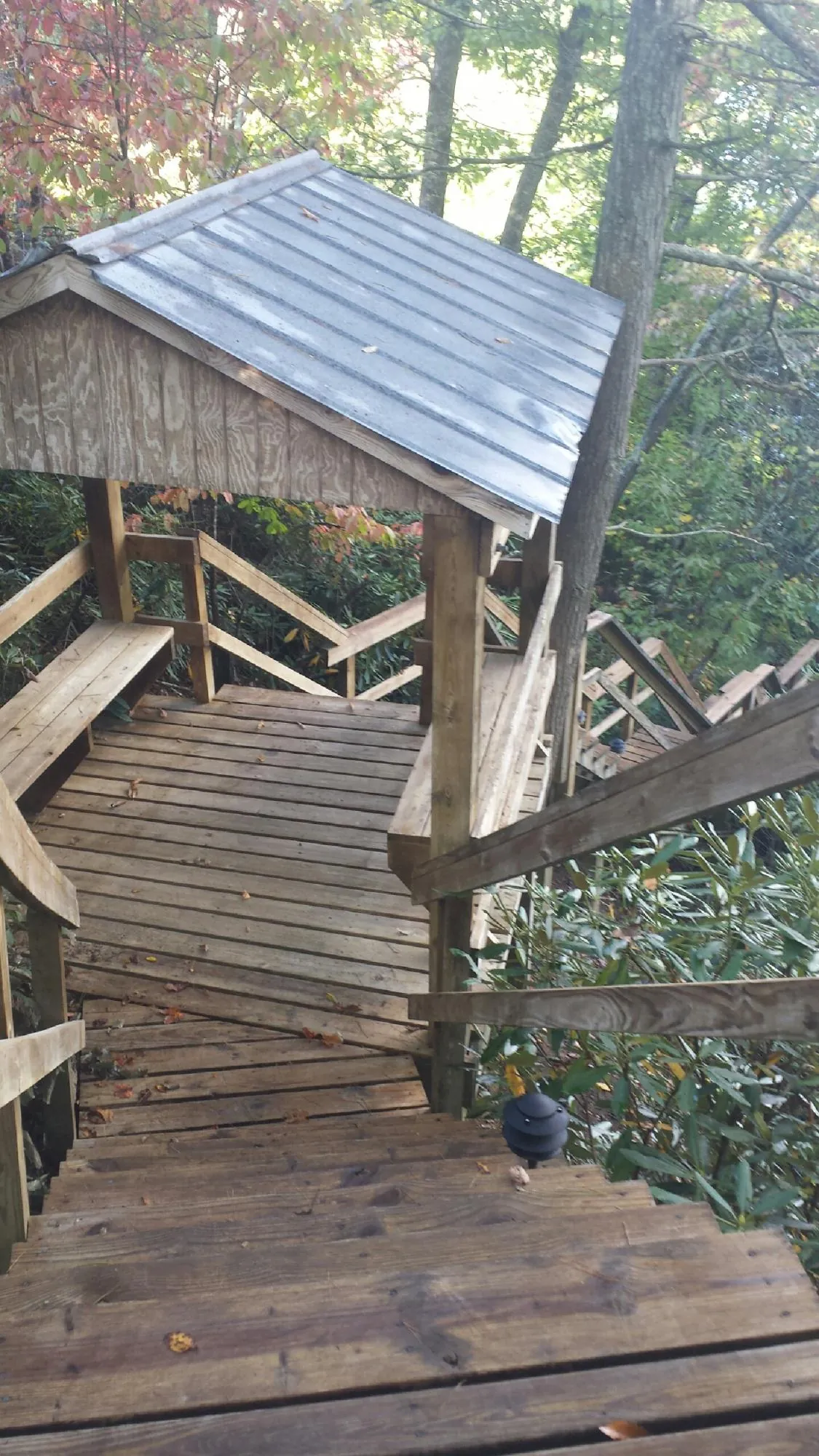 Metal roofed shelter over wooden steps on a wooded walkway — Skylight Repair & Installation work by our crew in Fort Wayne